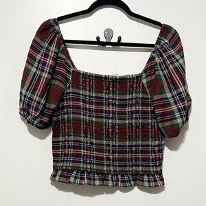 American Eagle Womens Puff Sleeve Milkmaid Top M Plaid Cottagecore Country Crop